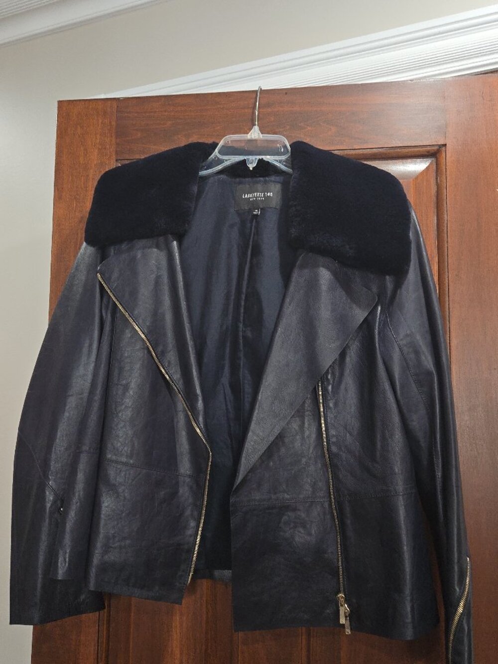$1300 LAFAYETTE 148 GENUINE LEATHER JACKET REAL RABBIT COLLAR SIZE 14, NORDSTROM